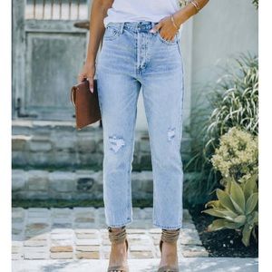 High rise, straight leg, ankle-length distressed rigid denim
